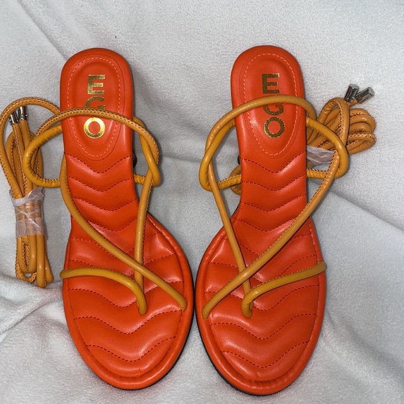 EGO GLOAMING LACE UP QUILTED INSOLE OPEN TOE SCULPTURED ROUND BLOCK HEEL -ORANGE - Picture 9 of 10